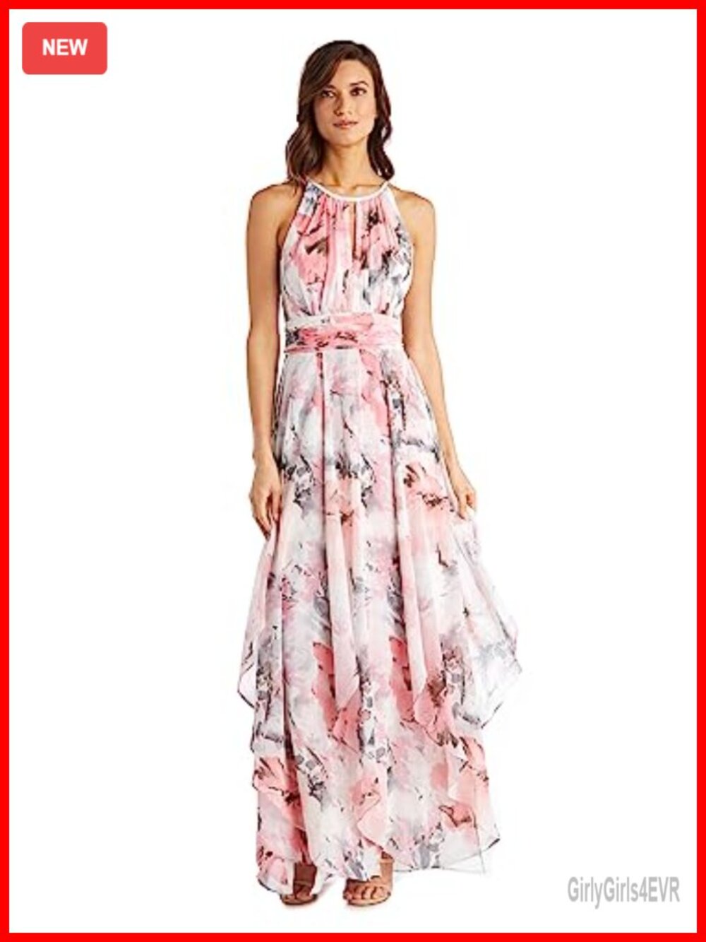 R&M Richards Floral Chiffon Maxi Dress Sleeveless Halter Neck Hankie Hem